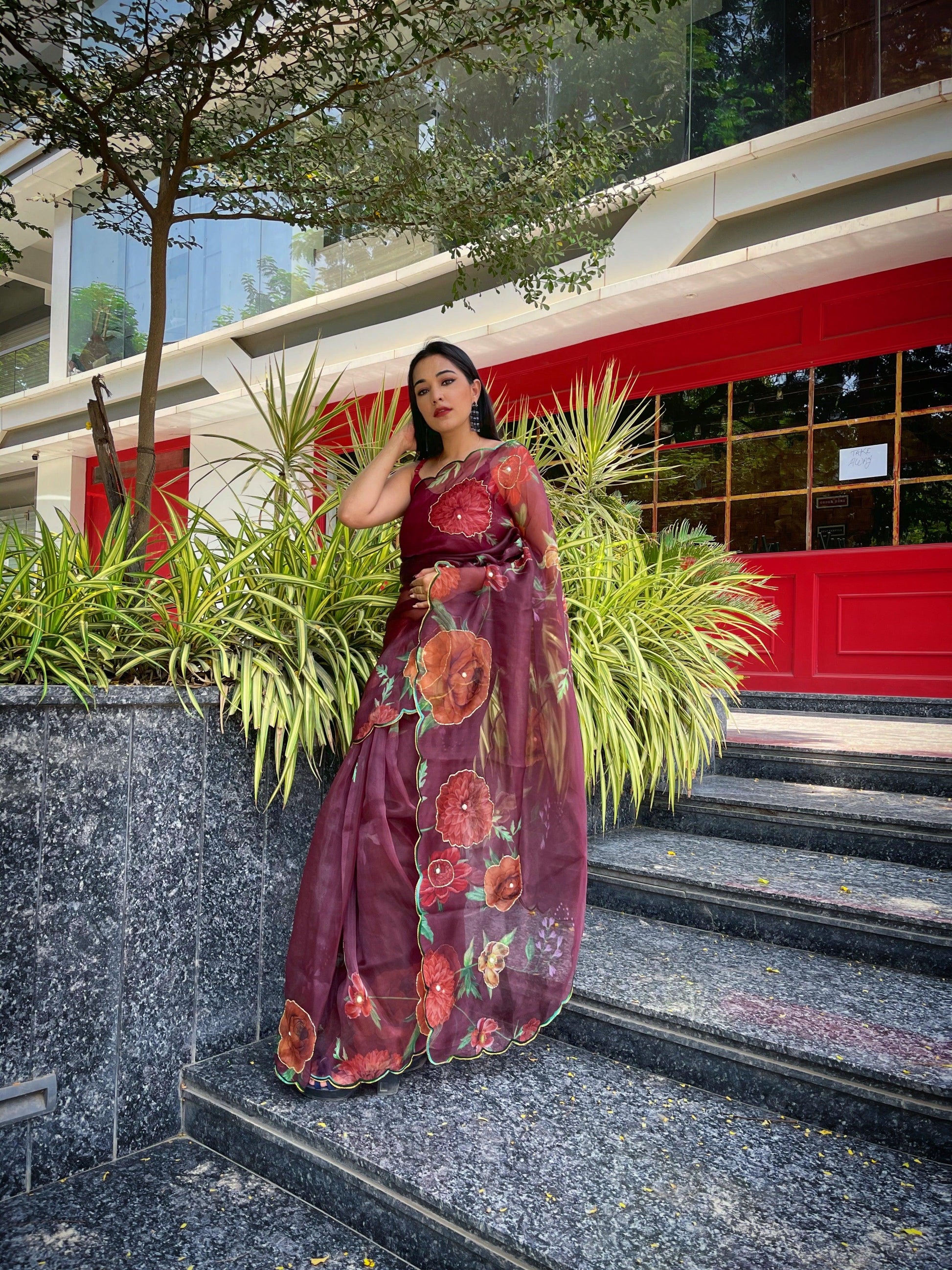Orgenza Wine Multi Color Festival Heavy Organza Silk Saree With Handwork and Printed Saree - Orgenza Store