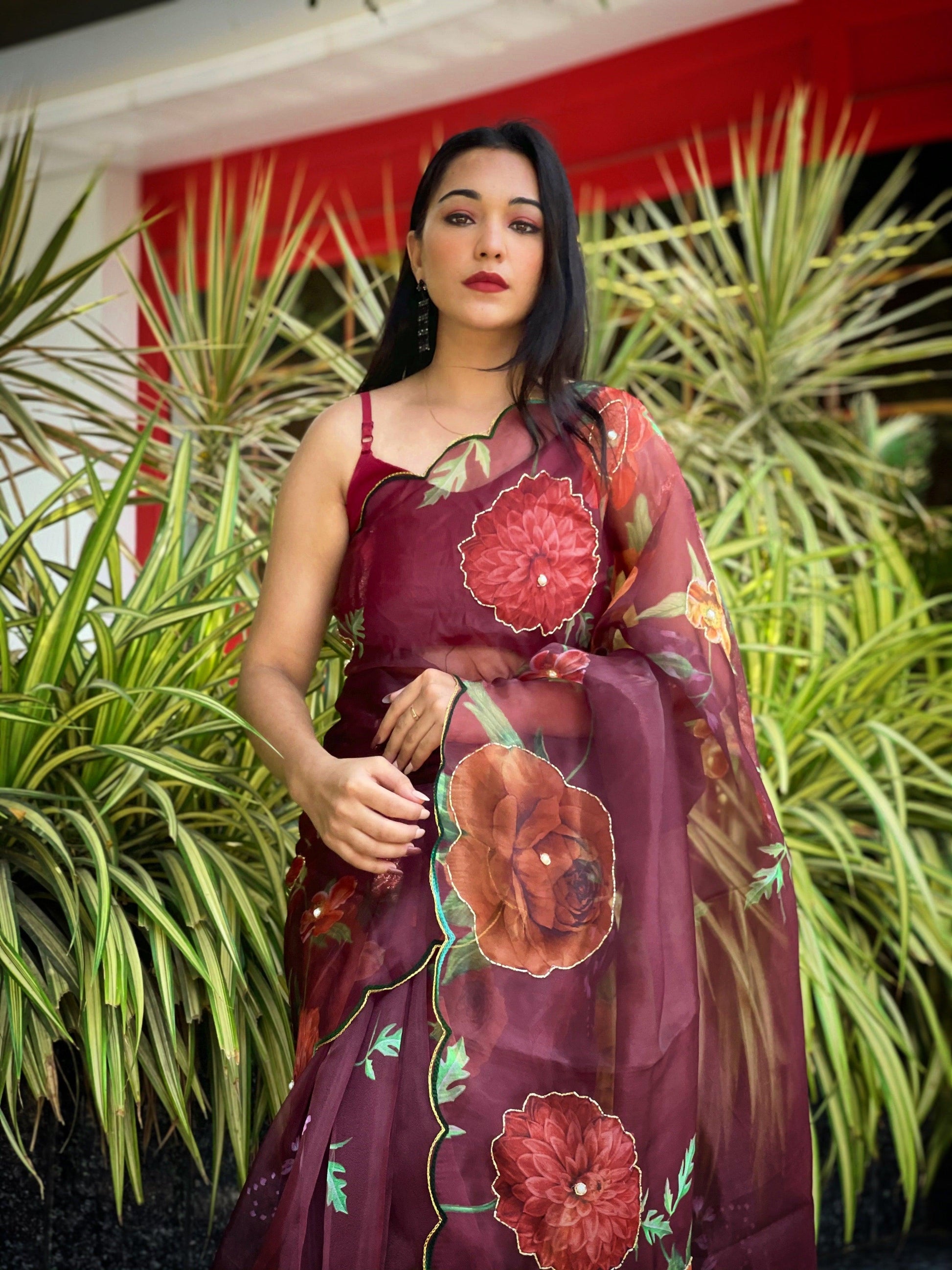 Orgenza Wine Multi Color Festival Heavy Organza Silk Saree With Handwork and Printed Saree - Orgenza Store