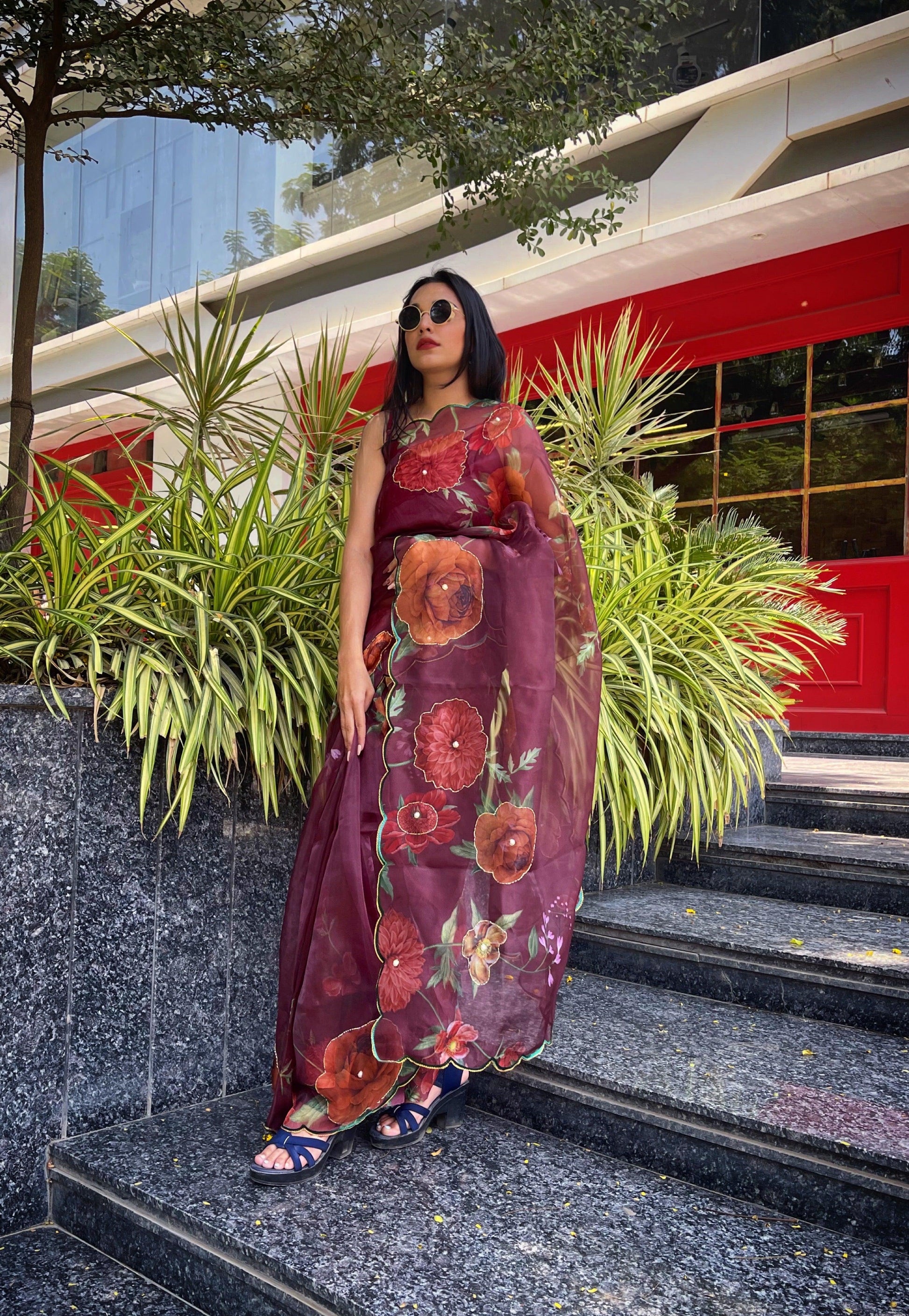 Orgenza Wine Multi Color Festival Heavy Organza Silk Saree With Handwork and Printed Saree - Orgenza Store