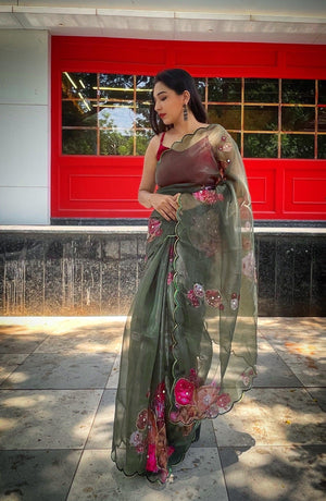 Orgenza Light Green Color Festival Heavy Organza Silk Saree With Handwork and Printed Saree - Orgenza Store - digisoch