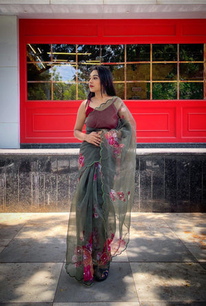 Orgenza Light Green Color Festival Heavy Organza Silk Saree With Handwork and Printed Saree - Orgenza Store - digisoch