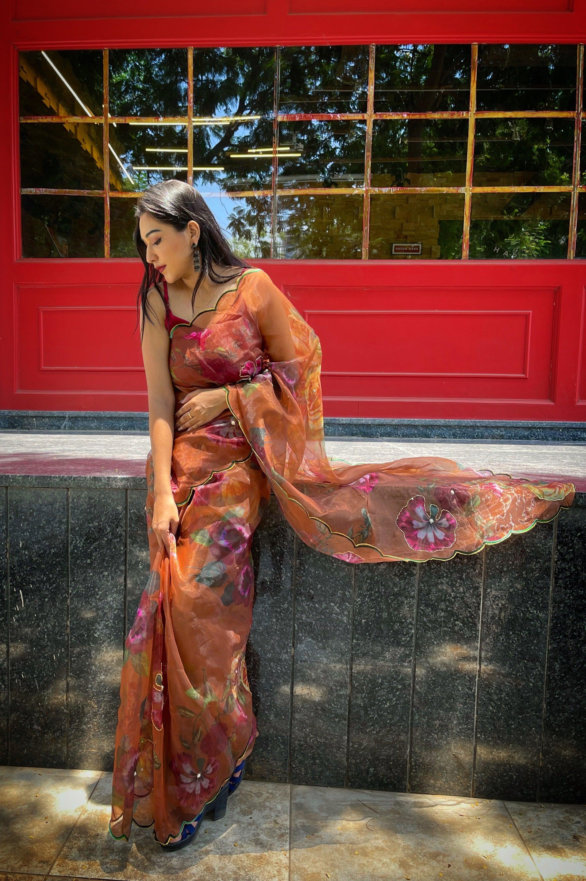 Orgenza  Brown Color Festival Heavy Organza Silk Saree With Handwork and Printed Saree - Orgenza Store