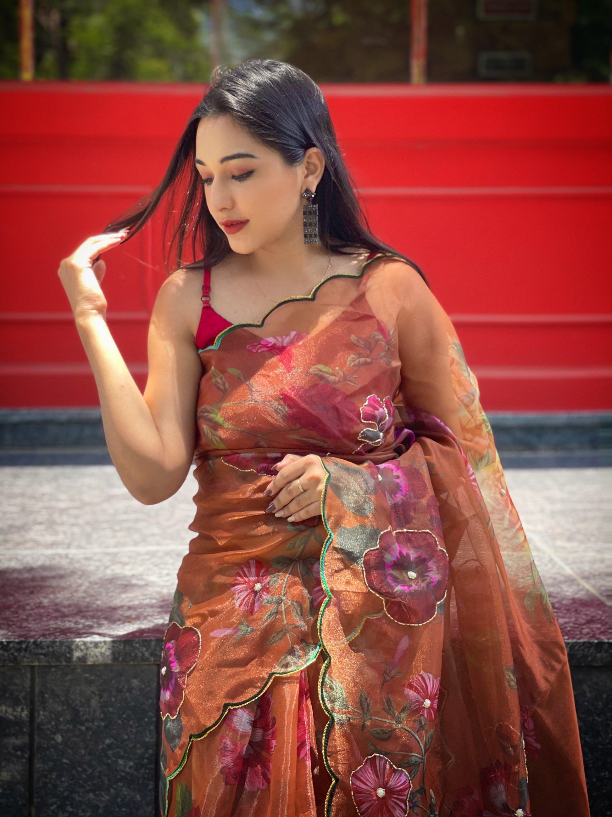 Orgenza  Brown Color Festival Heavy Organza Silk Saree With Handwork and Printed Saree - Orgenza Store