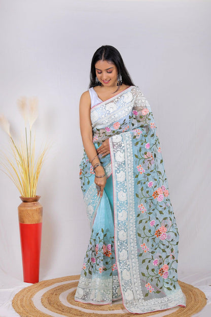 Fulwari Sky Color Embroidery Work Pure Organza Silk Saree With White Blouse - Orgenza Store