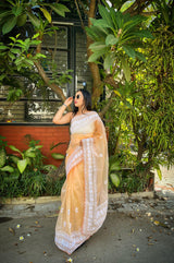 Orgenza Light Orange Color Chikni Organza Silk With Border, Pallu Heavy Embroidery Work Allover Saree - Orgenza Store