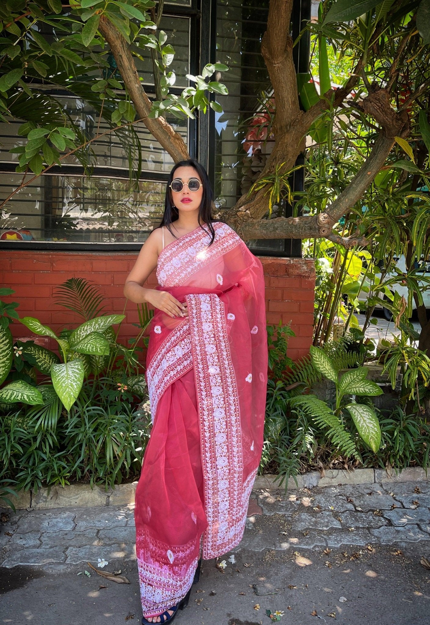 Orgenza Light Onion Wine Color Chikni Organza Silk With Border, Pallu Heavy Embroidery Work Allover Saree - Orgenza Store - digisoch