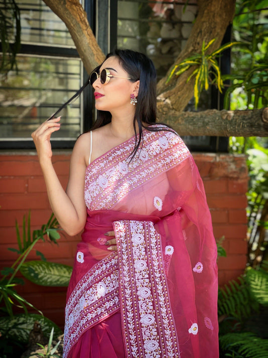 Orgenza  Light Onion Wine Color Chikni Organza Silk With Border, Pallu Heavy Embroidery Work Allover Saree - Orgenza Store