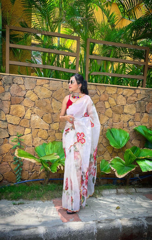Orgenza Off White Color Heavy Organza Silk Saree With Sequence Work And Printed Flower - Orgenza Store - digisoch