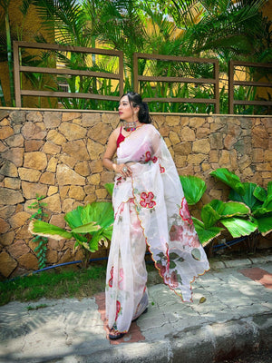 Orgenza Off White Color Heavy Organza Silk Saree With Sequence Work And Printed Flower - Orgenza Store - digisoch