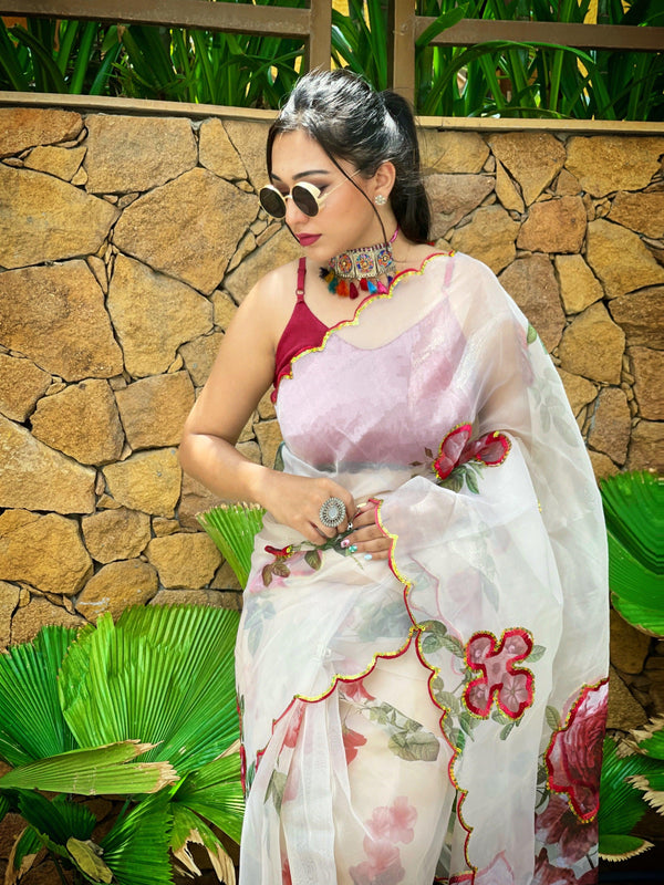 Orgenza Off White Color Heavy Organza Silk Saree With Sequence Work And Printed Flower - Orgenza Store