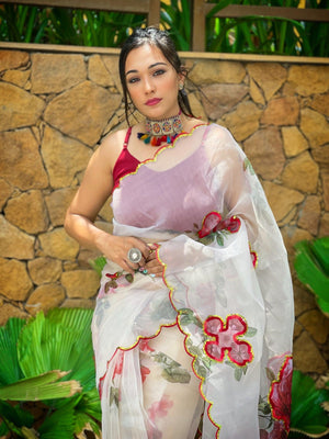 Orgenza Off White Color Heavy Organza Silk Saree With Sequence Work And Printed Flower - Orgenza Store - digisoch