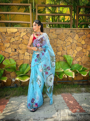 Orgenza Sky Color Heavy Organza Silk Saree With Sequence Work And Printed Flower - Orgenza Store - digisoch