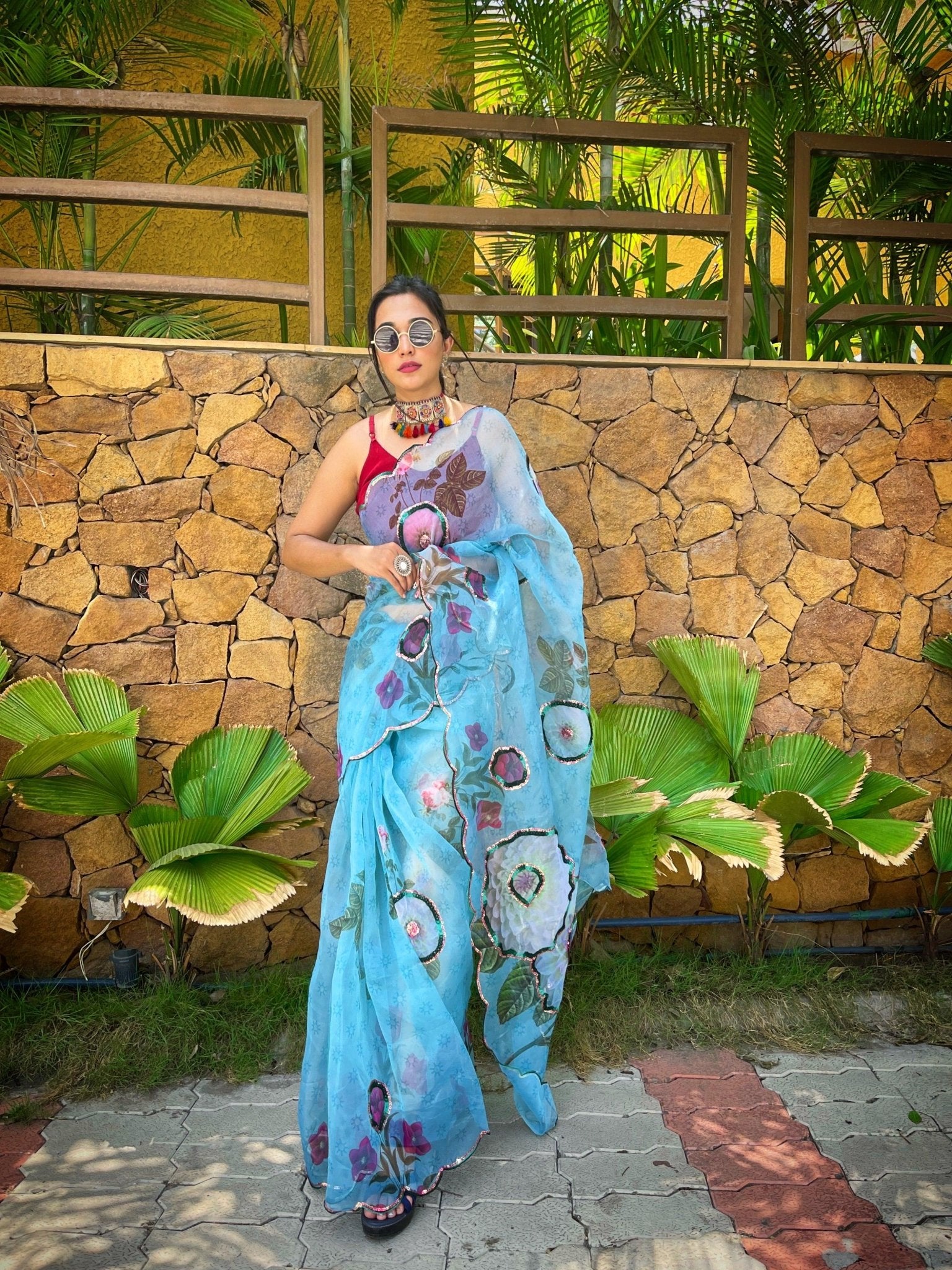 Orgenza Sky Color Heavy Organza Silk Saree With Sequence Work And Printed Flower - Orgenza Store - digisoch