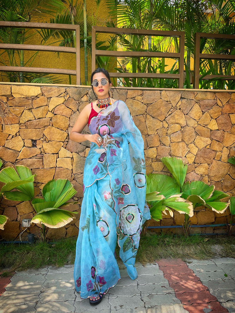 Orgenza  Sky Color Heavy Organza Silk Saree With Sequence Work And Printed Flower - Orgenza Store