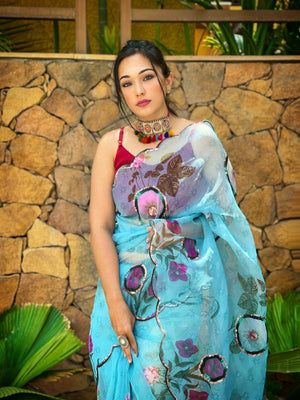Orgenza Sky Color Heavy Organza Silk Saree With Sequence Work And Printed Flower - Orgenza Store - digisoch