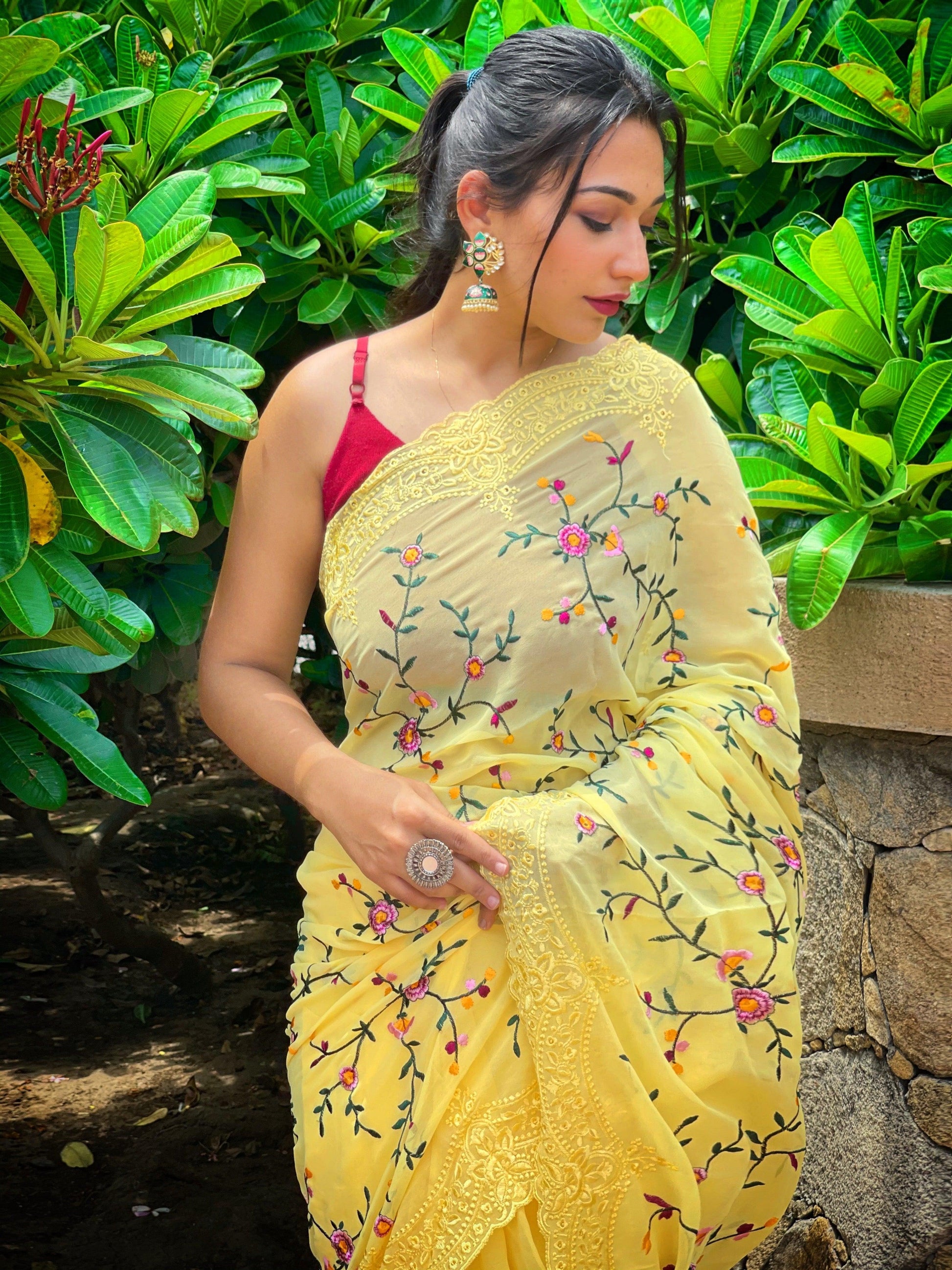Orgenza || Pearl Lemon Yellow Color Heavy Pure Georgette Silk Border Cutwork And Embroidery Work Saree With Contrast Blouse - Orgenza Store