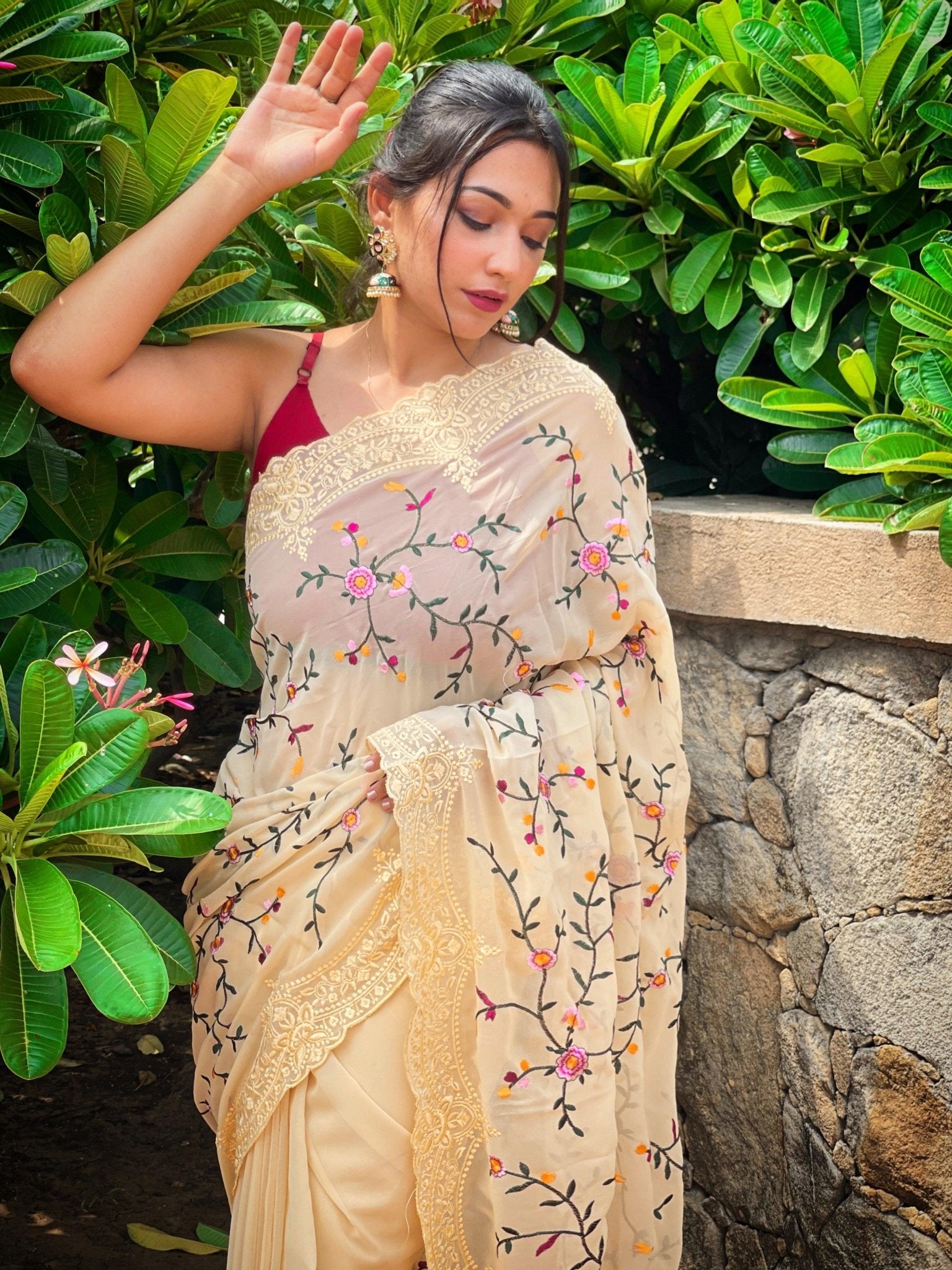Orgenza || Pearl Cream Color Heavy Pure Georgette Silk Border Cutwork And Embroidery Work Saree With Contrast Blouse - Orgenza Store