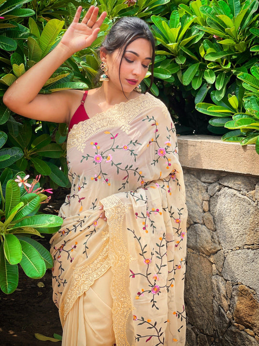 Orgenza || Pearl Cream Color Heavy Pure Georgette Silk Border Cutwork And Embroidery Work Saree With Contrast Blouse - Orgenza Store