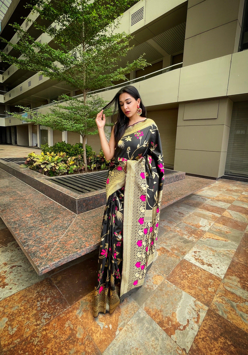 Orgenza Black Color Pure Soft Silk Gold Zari Weaving And Peacock Flower Design Saree With Contrast Blouse - Orgenza Store