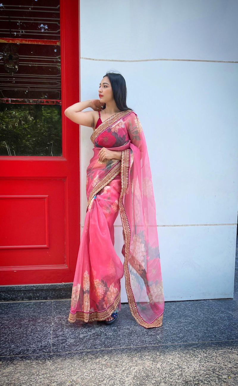 Orgenza Pink Color Organza Silk Full Heavy Border And Printed Saree With Contrast Blouse - Orgenza Store