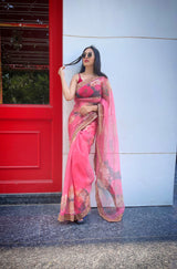 Orgenza Pink Color Organza Silk Full Heavy Border And Printed Saree With Contrast Blouse - Orgenza Store