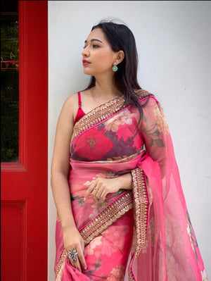 Orgenza Pink Color Organza Silk Full Heavy Border And Printed Saree With Contrast Blouse - Orgenza Store