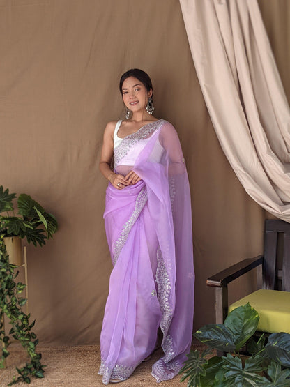 Orgenza Dark Lavender Color Pure Heavy Organza Silk And Silver Embroidery Work With Contrast Blouse - Orgenza Store