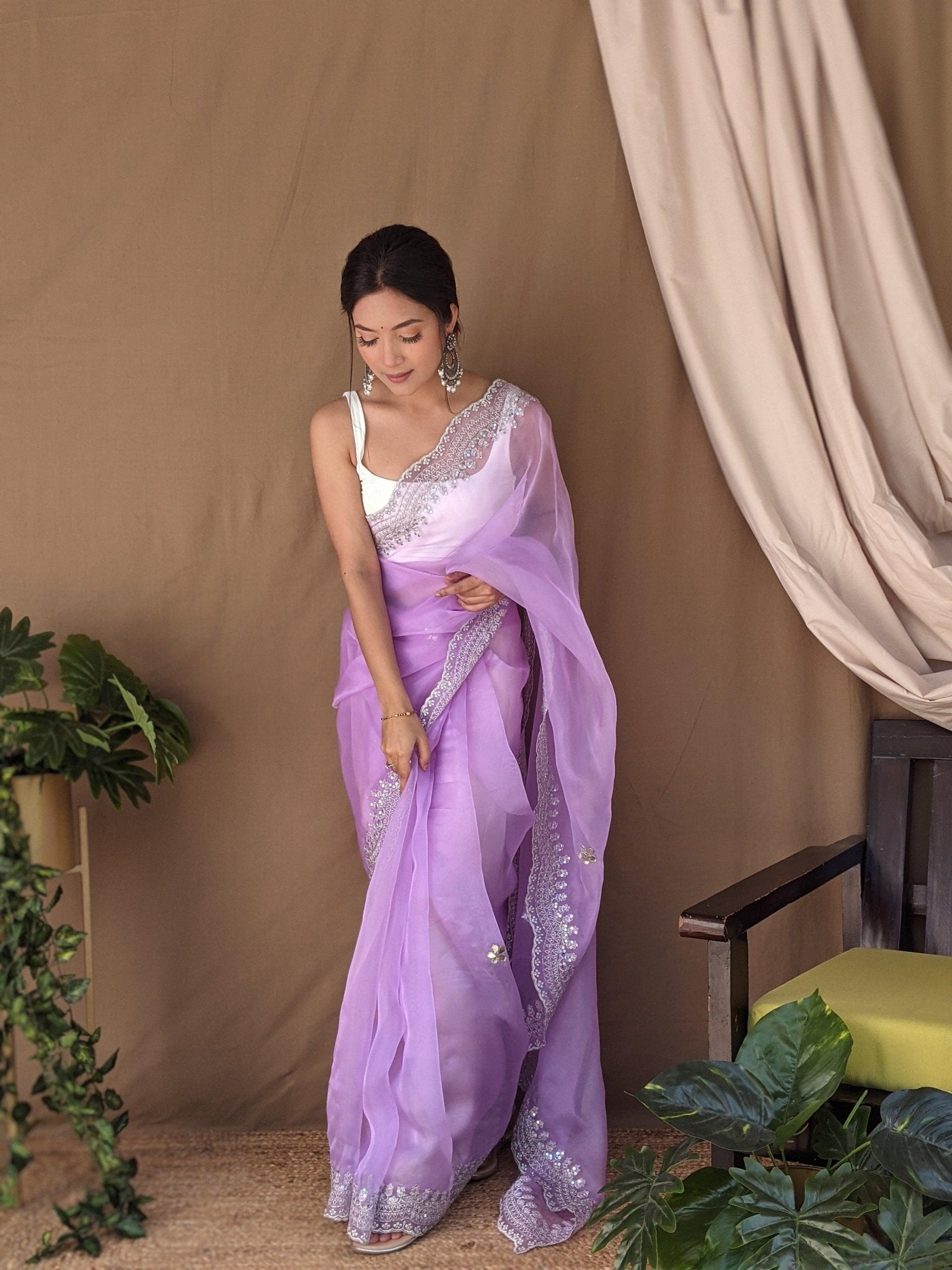 Orgenza Dark Lavender Color Pure Heavy Organza Silk And Silver Embroidery Work With Contrast Blouse - Orgenza Store - digisoch