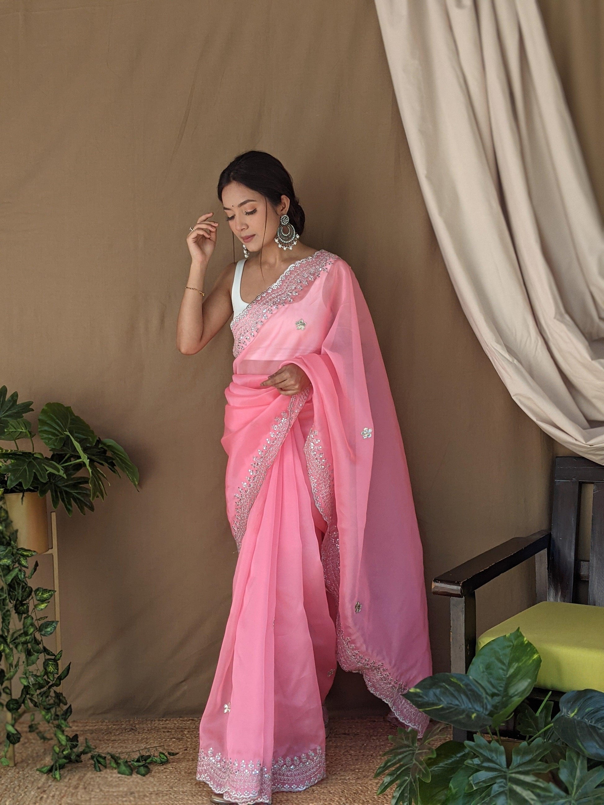 Orgenza  Dark Baby Pink Color Pure Heavy Organza Silk And Silver Embroidery Work With Contrast Blouse - Orgenza Store