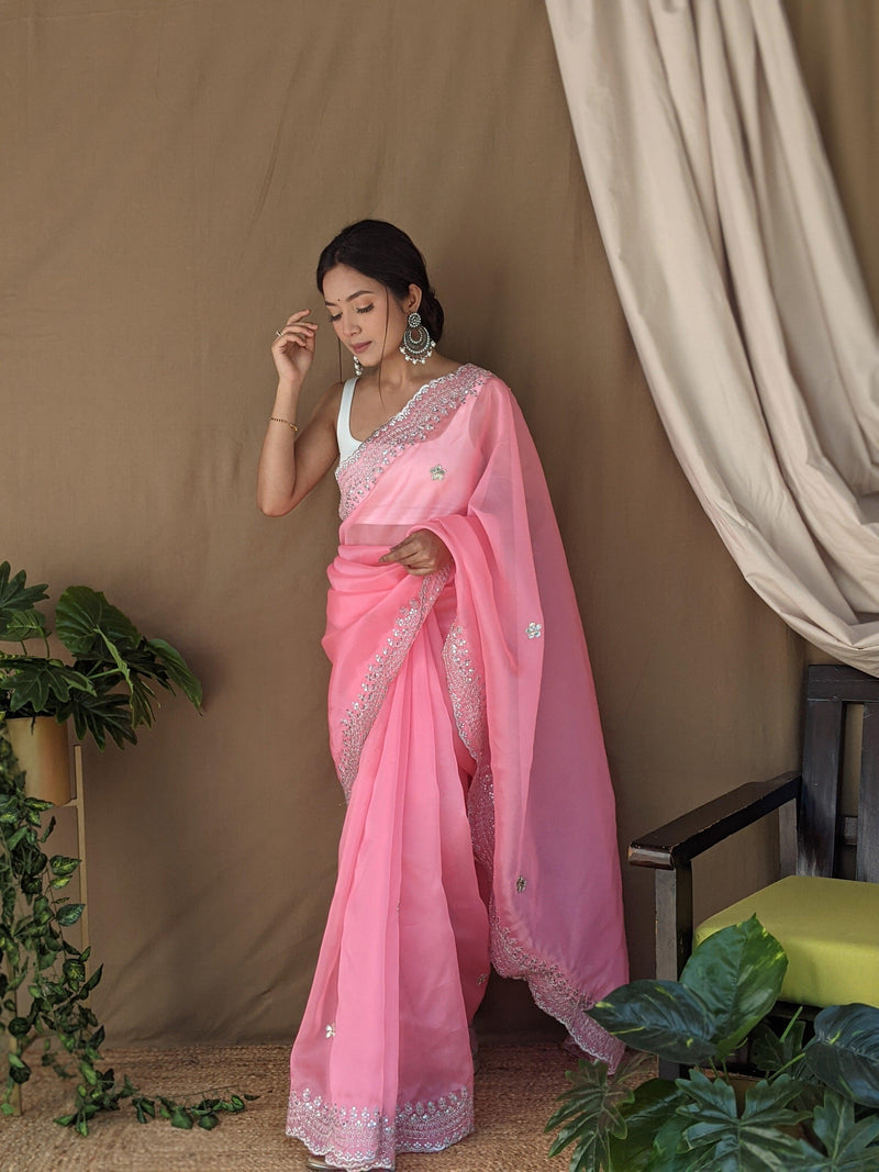 Lovely Light Pink Embroidered Georgette Saree With Dark Pink