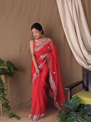 Orgenza Dark Red Color Pure Heavy Organza Silk And Silver Embroidery Work With Contrast Blouse - Orgenza Store - digisoch