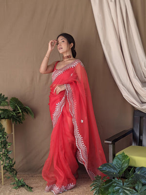 Orgenza Dark Red Color Pure Heavy Organza Silk And Silver Embroidery Work With Contrast Blouse - Orgenza Store - digisoch
