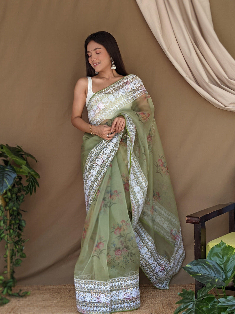 Orgenza Light Green Color Pure Organza Silk And Border Gold Embroidery Work And All Over Print saree - Orgenza Store