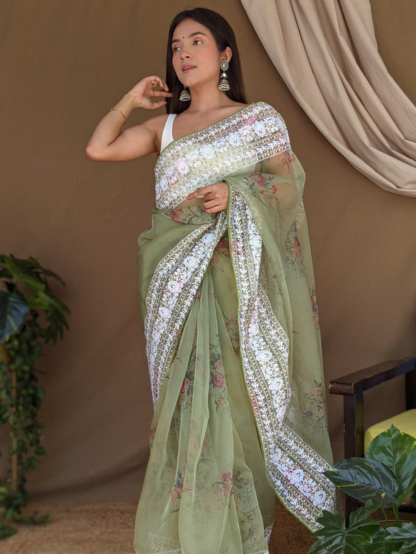 Orgenza Light Green Color Pure Organza Silk And Border Gold Embroidery Work And All Over Print saree - Orgenza Store