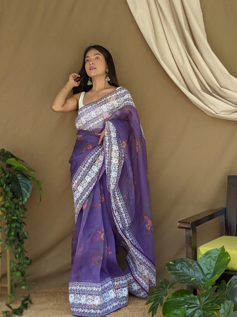 Orgenza Purple Color Pure Organza Silk And Border Gold Embroidery Work And All Over Print saree With Contrast Blouse - Orgenza Store