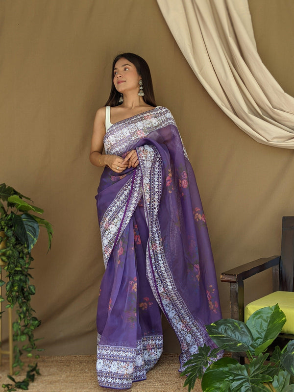 Orgenza Purple Color Pure Organza Silk And Border Gold Embroidery Work And All Over Print saree With Contrast Blouse - Orgenza Store