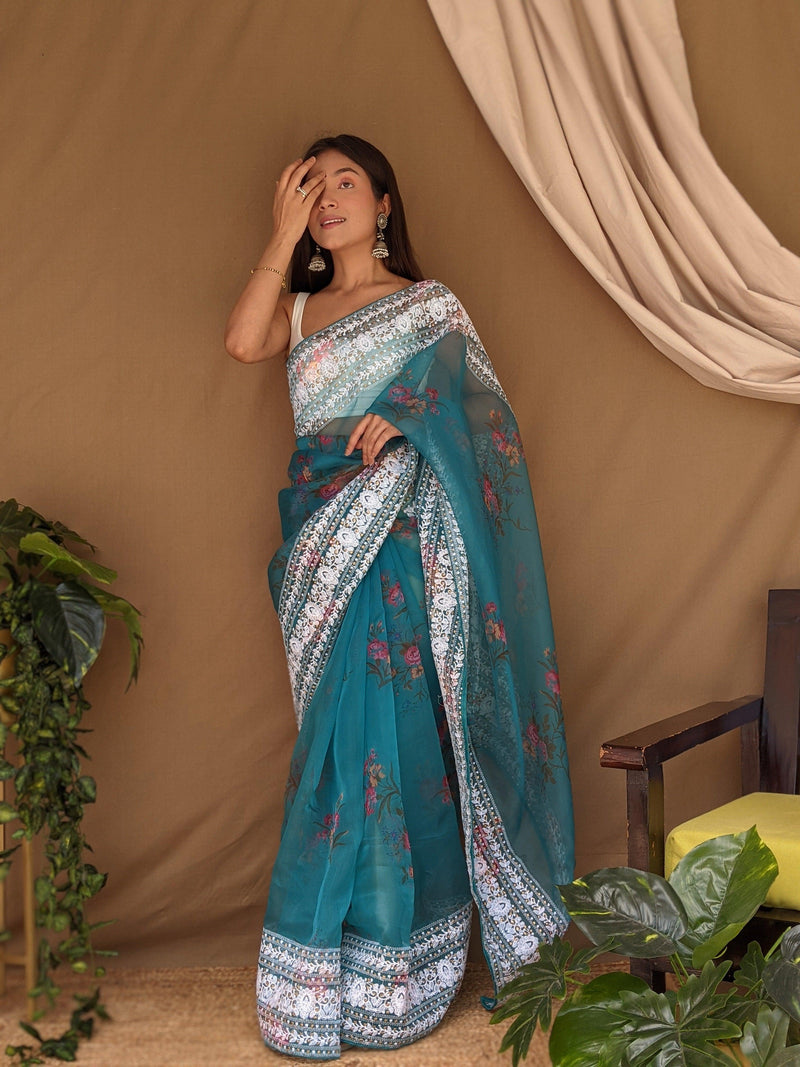 Orgenza Sea Blue Color Pure Organza Silk And Border Gold Embroidery Work And All Over Print saree With Contrast Blouse - Orgenza Store