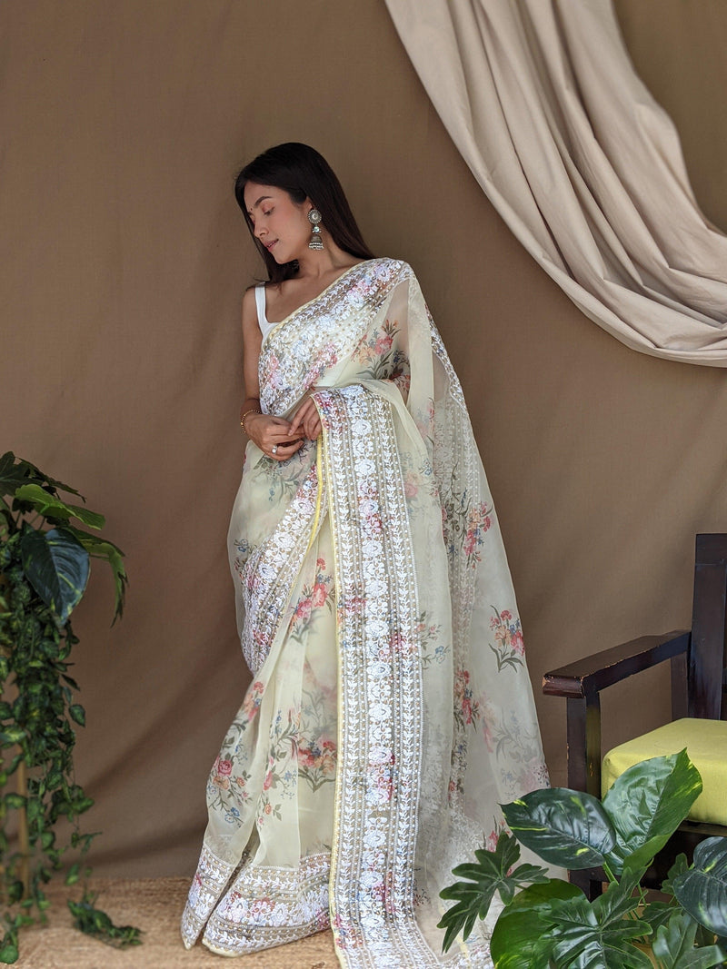 Orgenza Light Cream Color Pure Organza Silk And Border Gold Embroidery Work And All Over Print saree With Contrast Blouse - Orgenza Store
