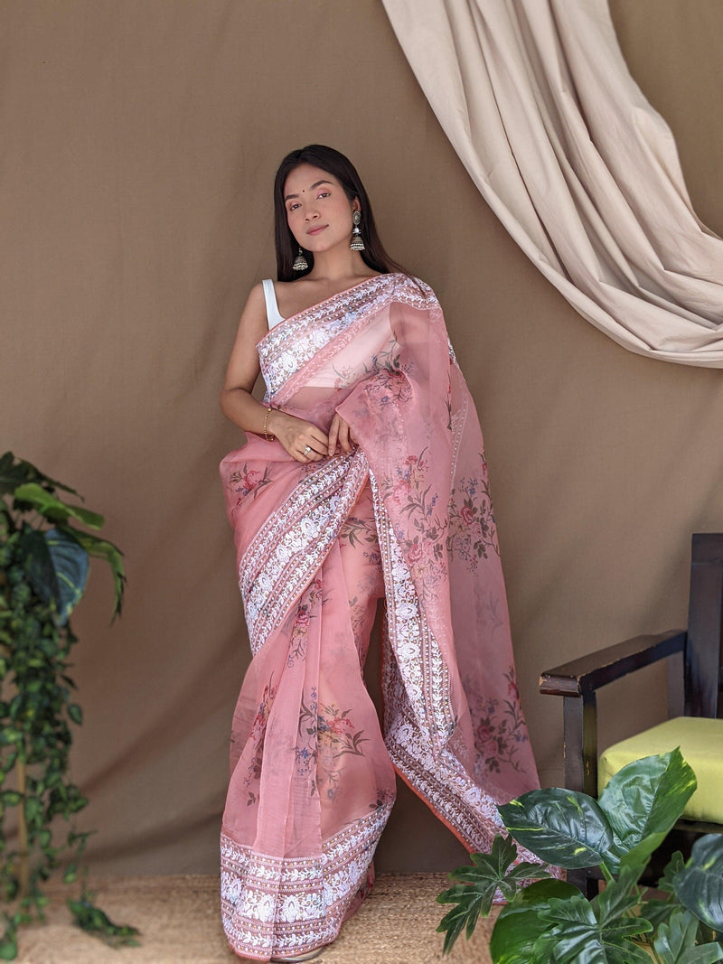 Orgenza || Peach Color Pure Organza Silk And Border Gold Silver Embroidery Work And All Over Print saree With Contrast Blouse - Orgenza Store