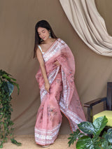Orgenza || Peach Color Pure Organza Silk And Border Gold Silver Embroidery Work And All Over Print saree With Contrast Blouse - Orgenza Store