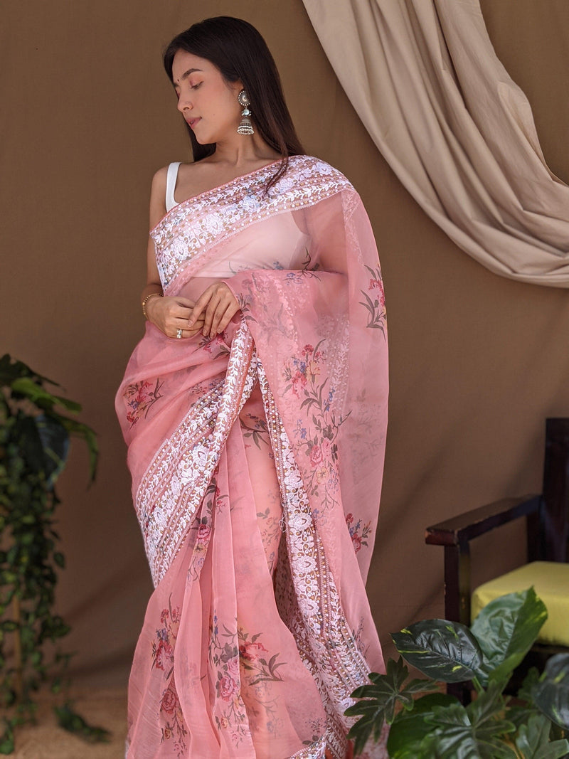 Orgenza || Peach Color Pure Organza Silk And Border Gold Silver Embroidery Work And All Over Print saree With Contrast Blouse - Orgenza Store