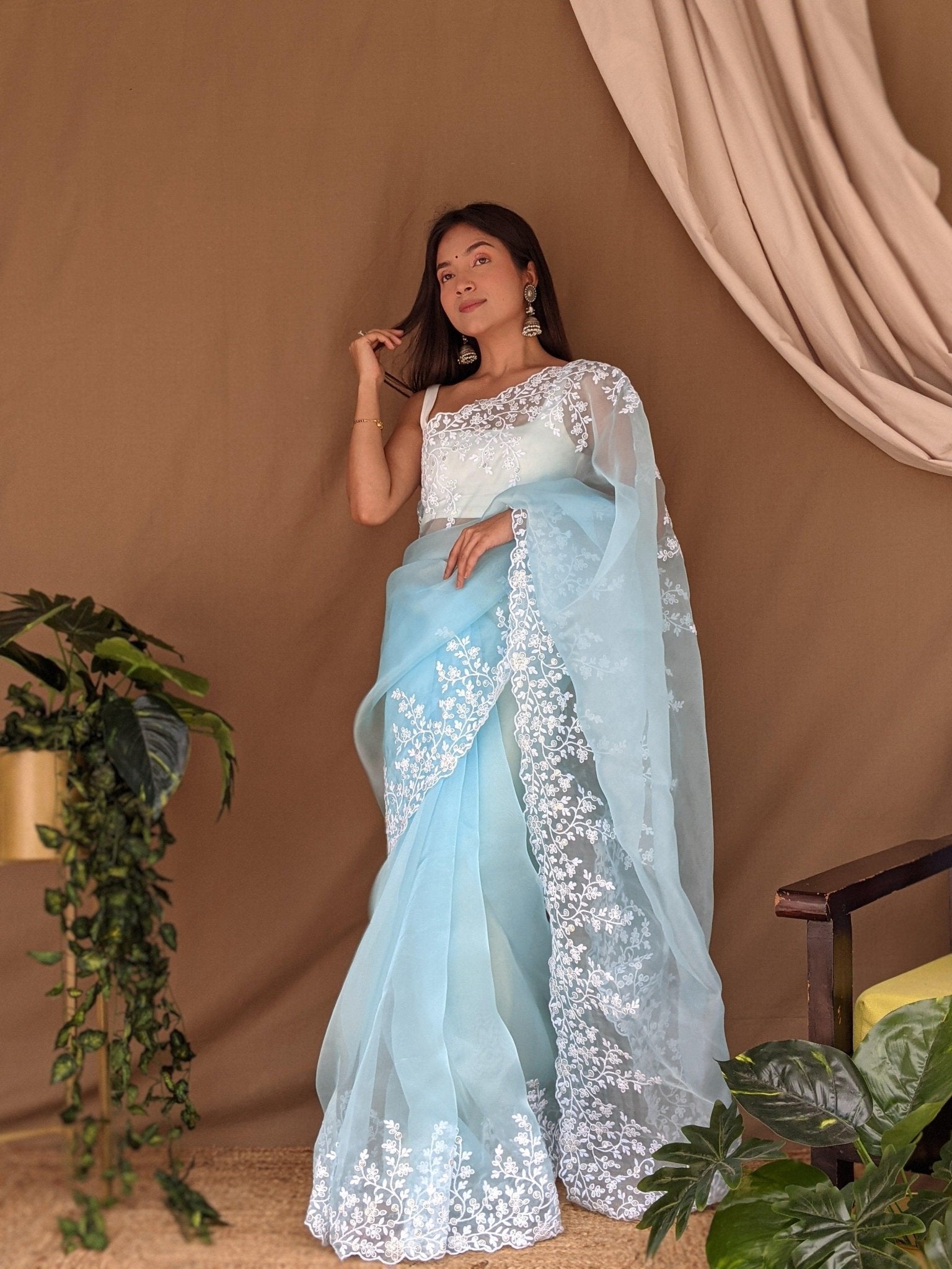 Orgenza Light Sky Color Pure Organza Silk And Flower Embroidery Work With Contrast Blouse - Orgenza Store - digisoch