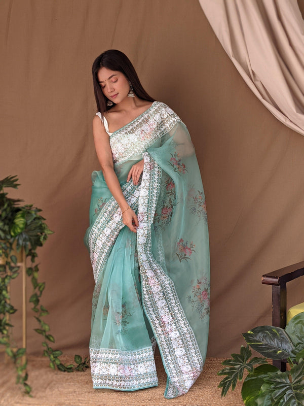 Orgenza || Light Teal Color Pure Organza Silk And Border Gold Silver Embroidery Work And All Over Print saree With Contrast Blouse - Orgenza Store