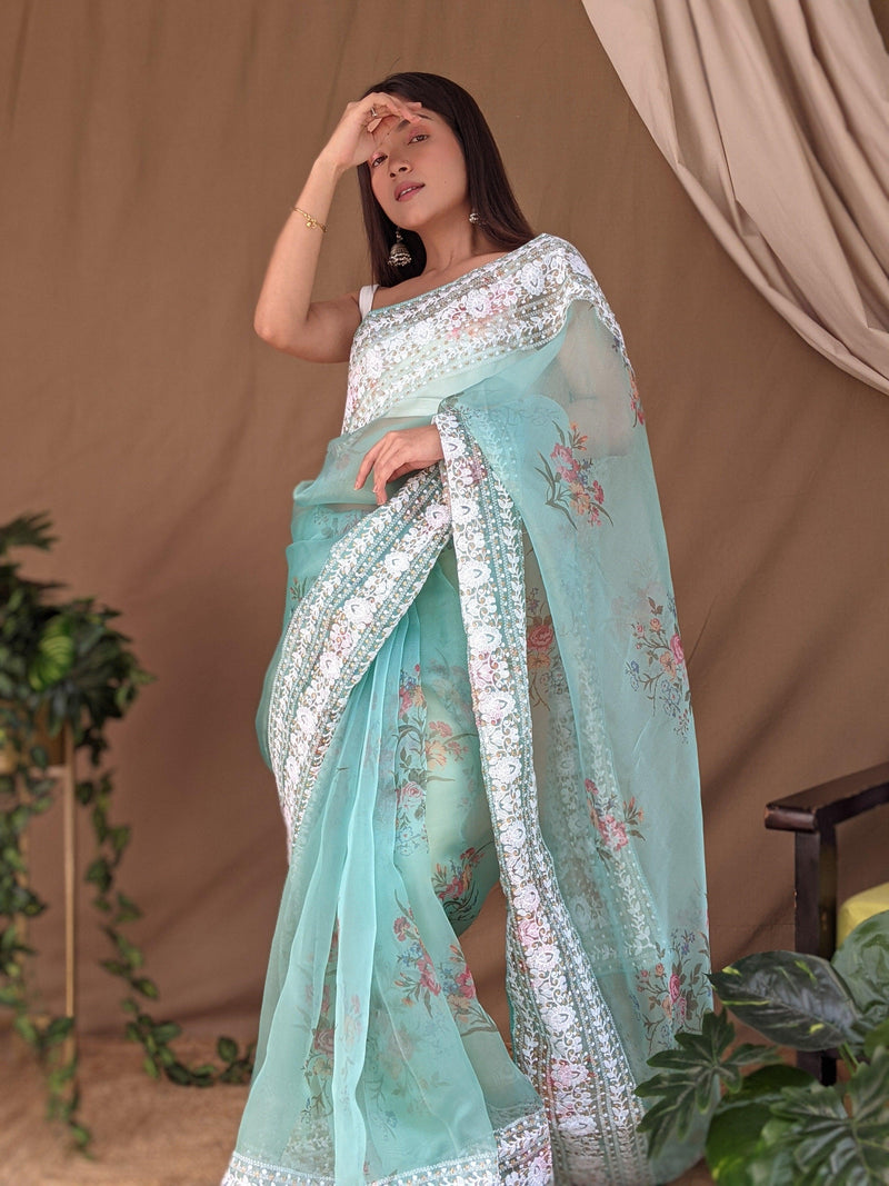 Orgenza || Light Teal Color Pure Organza Silk And Border Gold Silver Embroidery Work And All Over Print saree With Contrast Blouse - Orgenza Store