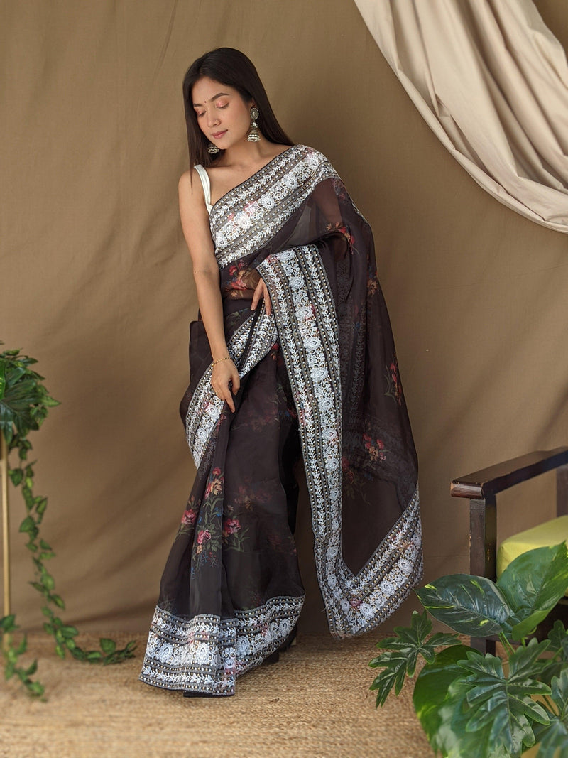Orgenza  Black Color Pure Organza Silk And Border Gold Embroidery Work And All Over Print saree With Contrast Blouse - Orgenza Store