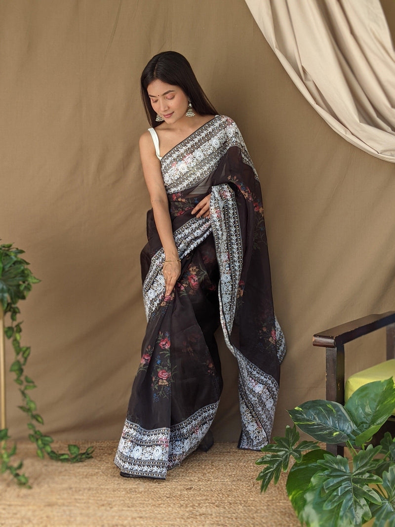 Orgenza  Black Color Pure Organza Silk And Border Gold Embroidery Work And All Over Print saree With Contrast Blouse - Orgenza Store