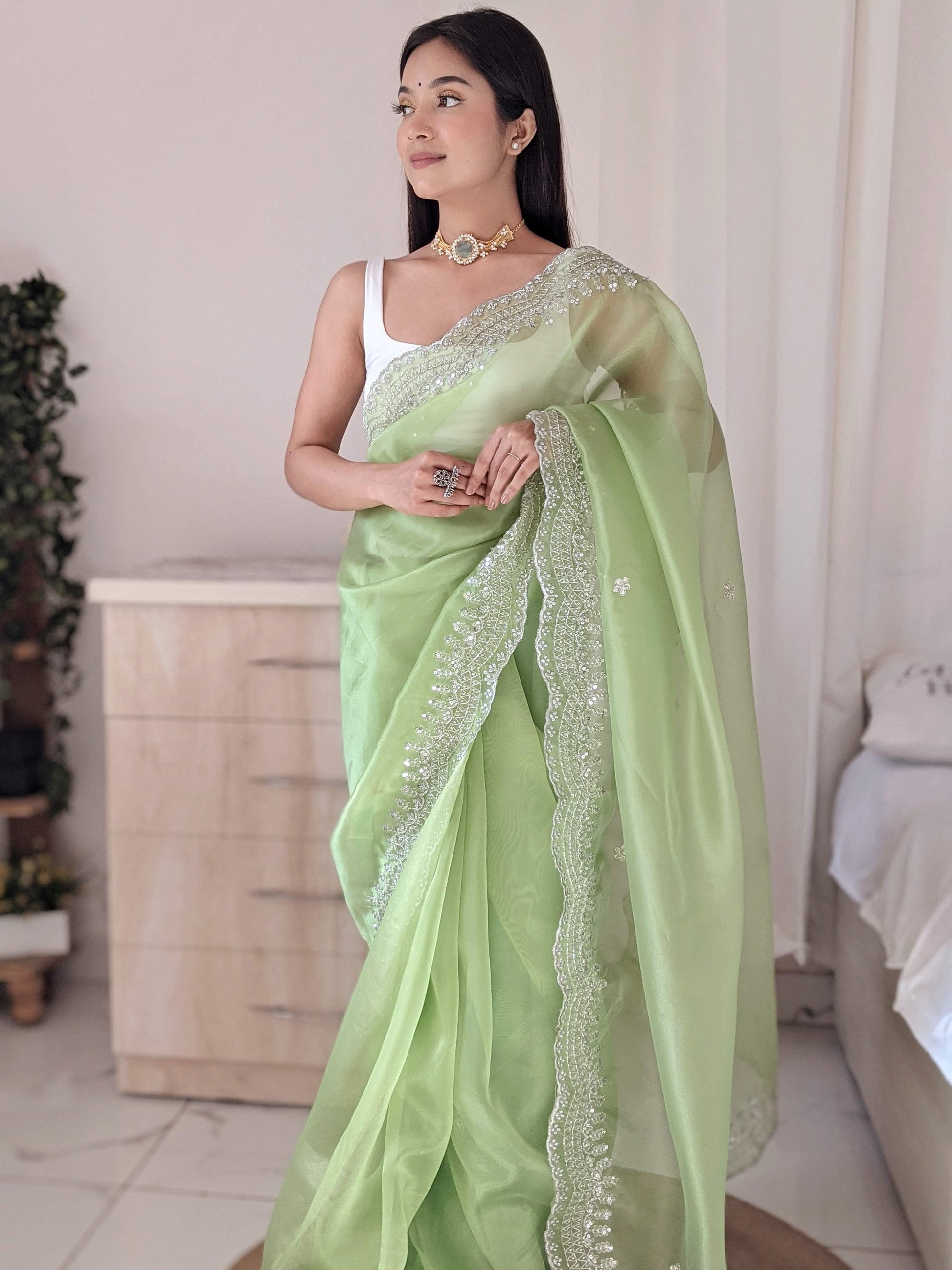 Orgenza Dark Pista Green Color Pure Heavy Organza Silk And Silver Embroidery Work With Contrast Blouse - Orgenza Store