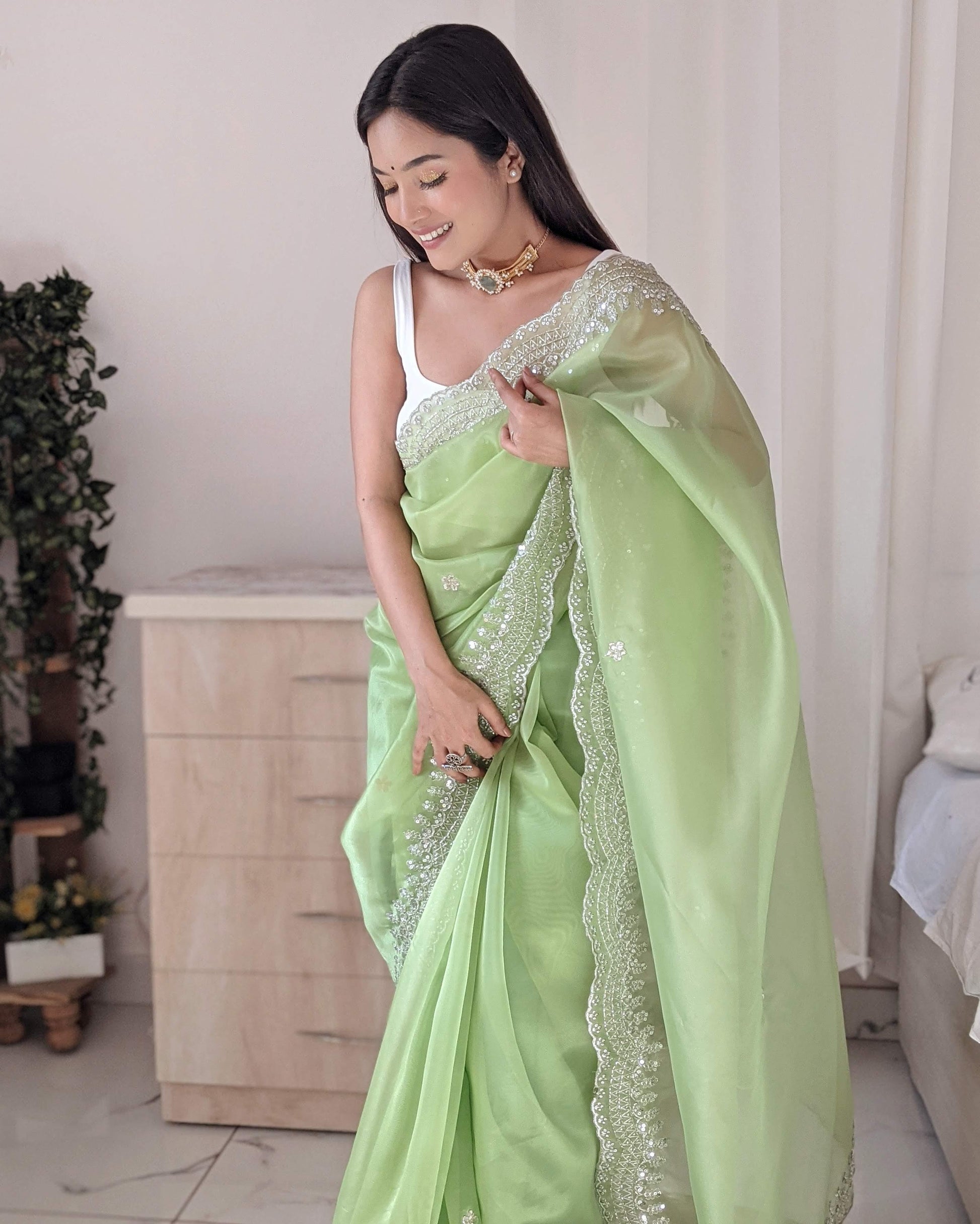 Orgenza Dark Pista Green Color Pure Heavy Organza Silk And Silver Embroidery Work With Contrast Blouse - Orgenza Store