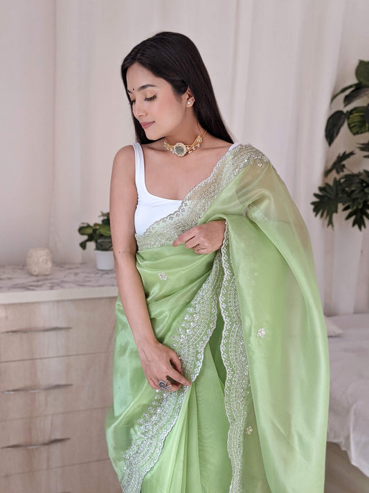 Orgenza Dark Pista Green Color Pure Heavy Organza Silk And Silver Embroidery Work With Contrast Blouse - Orgenza Store