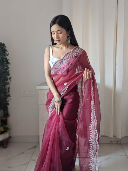 Orgenza Dark Wine Color Pure Heavy Organza Silk And Silver Embroidery Work With Contrast Blouse - Orgenza Store